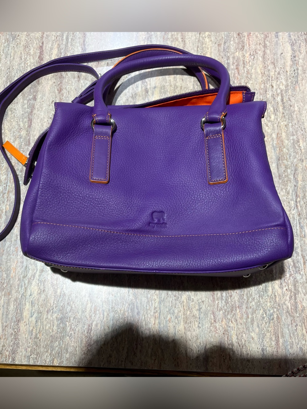 Mywalit Leather Satchel Crossbody NEW Purple w/pink & orange MINT - Picture 3 of 14